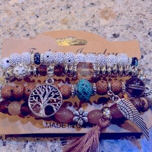 Bohemian Beaded Stretchy Bracelet Set of 4 with Tree and Wing Charms